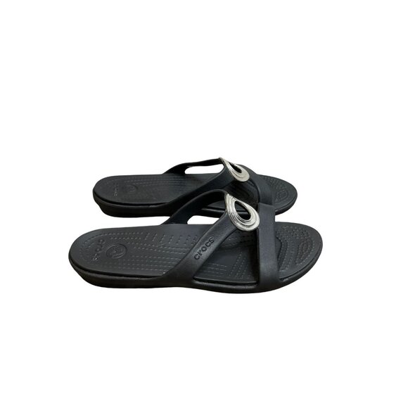 Crocs Sanrah Black Beveled Circle Flat Slide Sandal Women Size 8 Discontinued - Picture 2 of 12